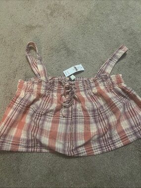 American Eagle Outfitters Plaid Smocked Crop Top - Coral, Cream, Purple